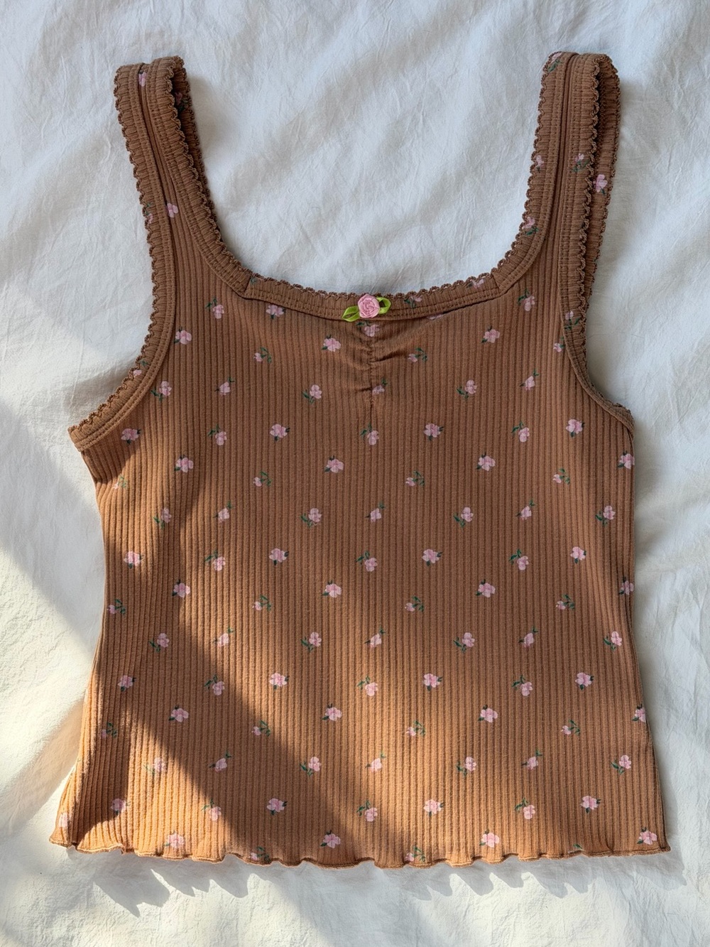 Old Navy Girls 6-7 Brown Pink Floral Ribbed Tank Top Rosette Lettuce Trim